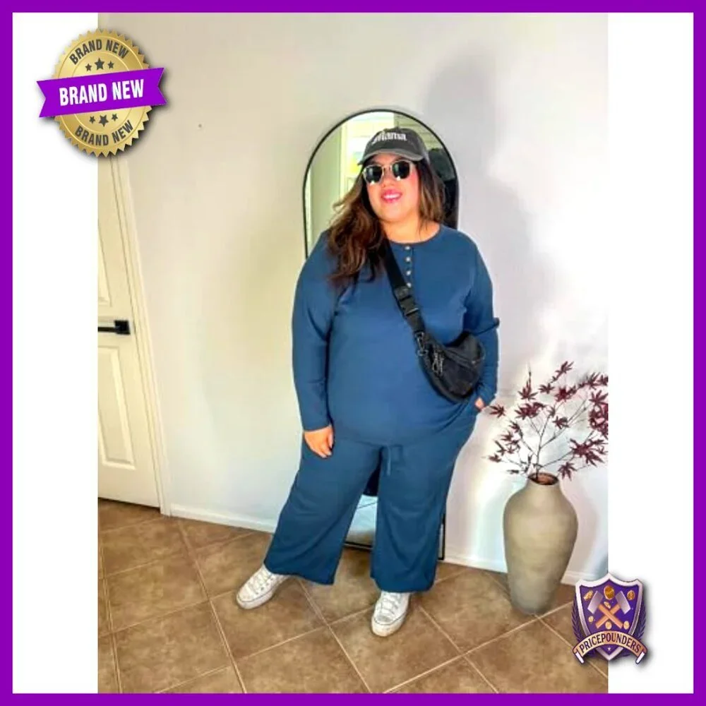 Plus Size Waffle Sweatsuit Set Long Sleeve Top Wide Leg Pants